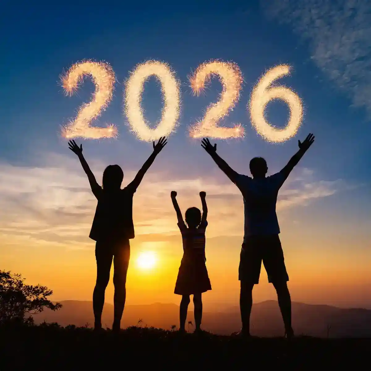 Happy family silhouette celebrating new year 2026 together
